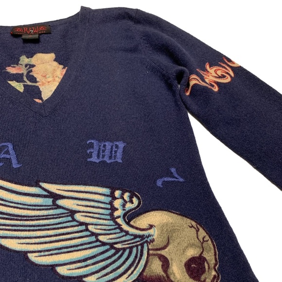 Raw7 Women's Cashmere V-Neck Sweater Skullwing with Embroiderey - Nacy - Picture 3 of 4